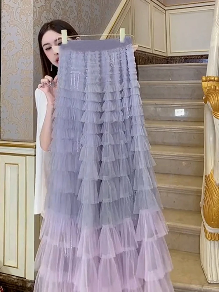 Small Escaping Princess Cake Skirt 2023 Spring High Waist Slim Design Feeling Small Purple Mesh Half Skirt