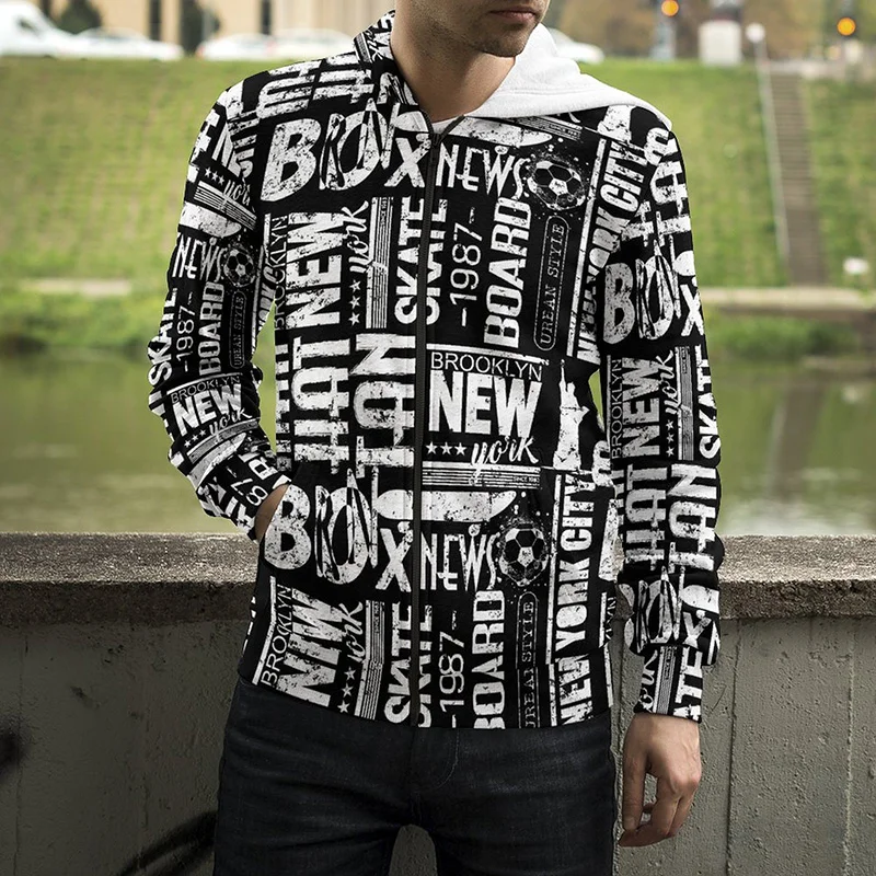

Creative Design Graffiti English Letter Zip Hoodie Men Women 3D Printed Sweatshirts Fashion Long Sleeve Cool Zip Up Hoodies Tops