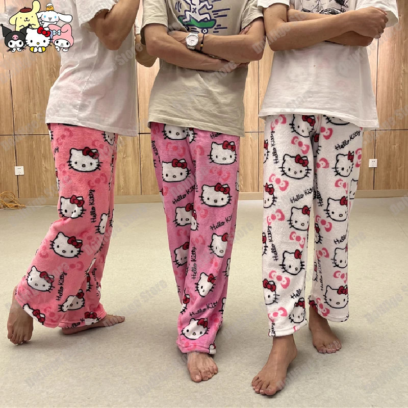 

Kawaii Sanrio, Hello Kitty Пижамные брюки черные фланелевые женские кавайные шерстяные белые Мультяшные повседневные домашние брюки осенние модные брюки