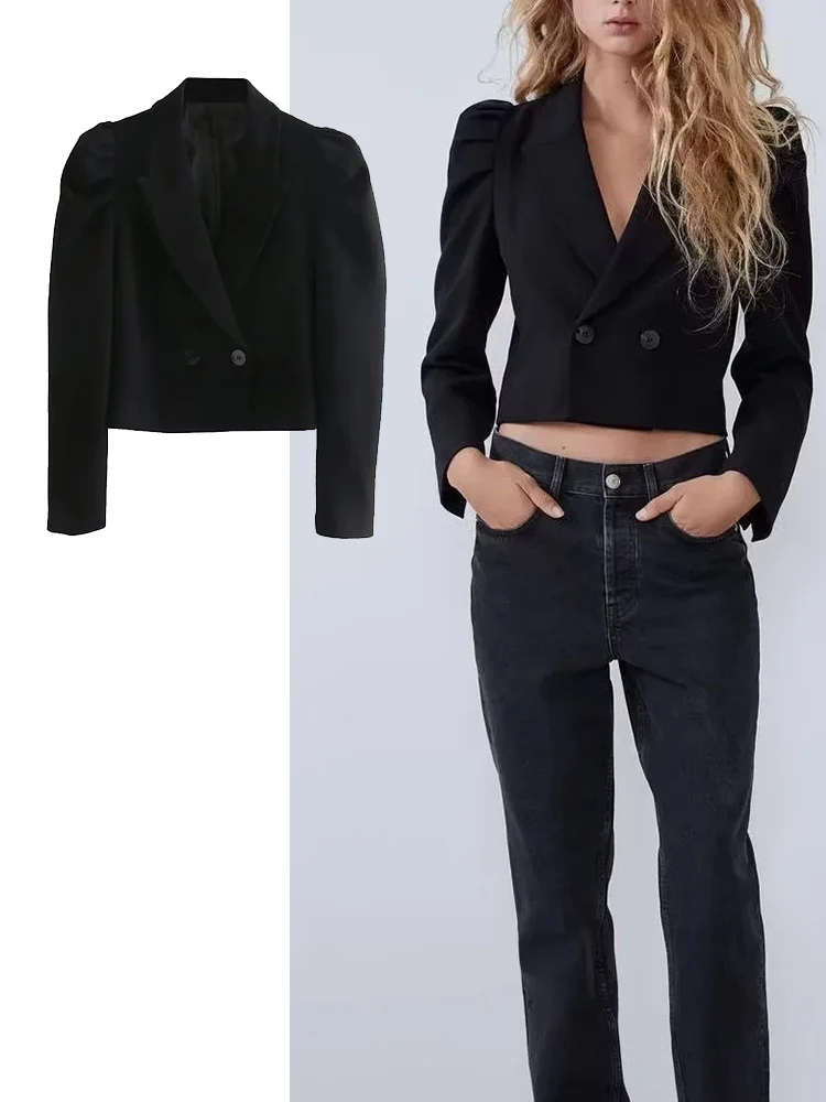 

Модный однотонный черный блейзер TRAF с воротником-костюмом, приталенная повседневная короткая женская куртка с длинным рукавом, 2022