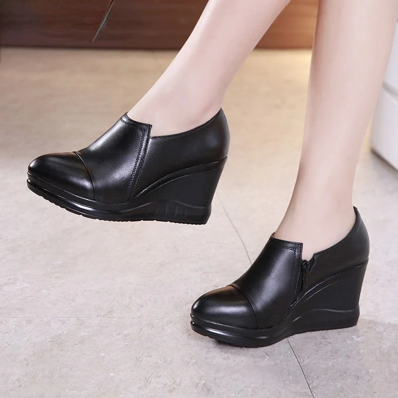 

Женские туфли из натуральной кожи, туфли-лодочки на платформе и танкетке с острым носком и глубоким носком, черные туфли на высоком каблуке, ...