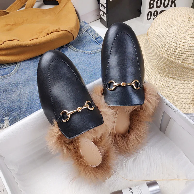 

Rabbit Fur Slippers For Women Wear Mueller Shoes In Autumn Winter New Lazy Slippers With Flat Bottom Toe-covered Half Slippers