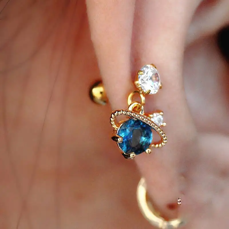 

Bohemia Piercing Blue Zircon Ring Pendant Ear Studs for Women Earrings Fashion Jewelry Ins Same Earing Party Pendientes Gifts