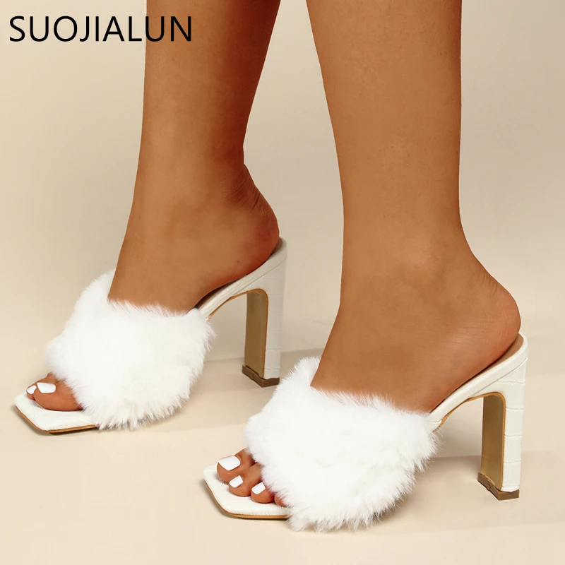 SUOJIALUN Autumn New Brand Design Wmen Slipper Fashion Real Fur Ladies Elegant Sandals Square High Heel Dress Pumps Shoes