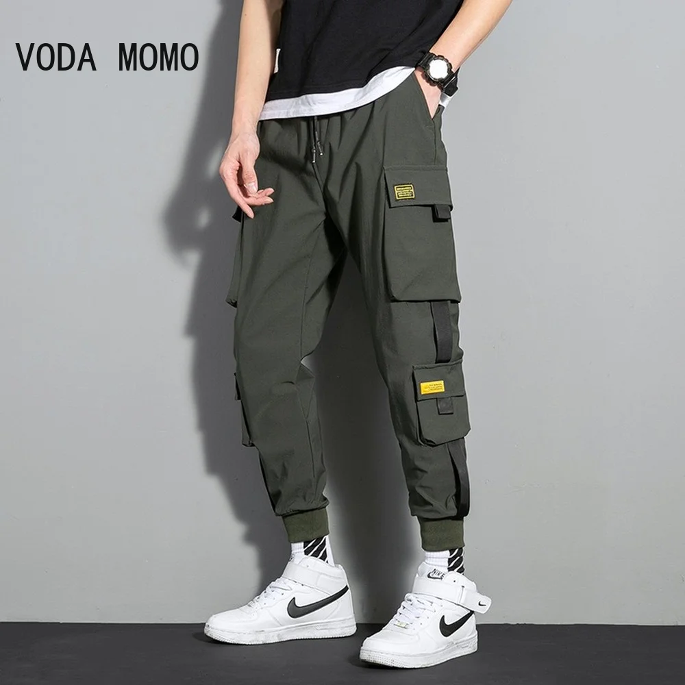 

Streetwear Men Black Joggers Pants 2022 Mens Big Pockets Ribbons Hiphop Cargo Pants Male Overalls Sweatpants Men Clothes