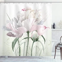 flower shower curtain floral pink roses tulips abstract garden leaves with petals and buds detailed print cloth fabr
