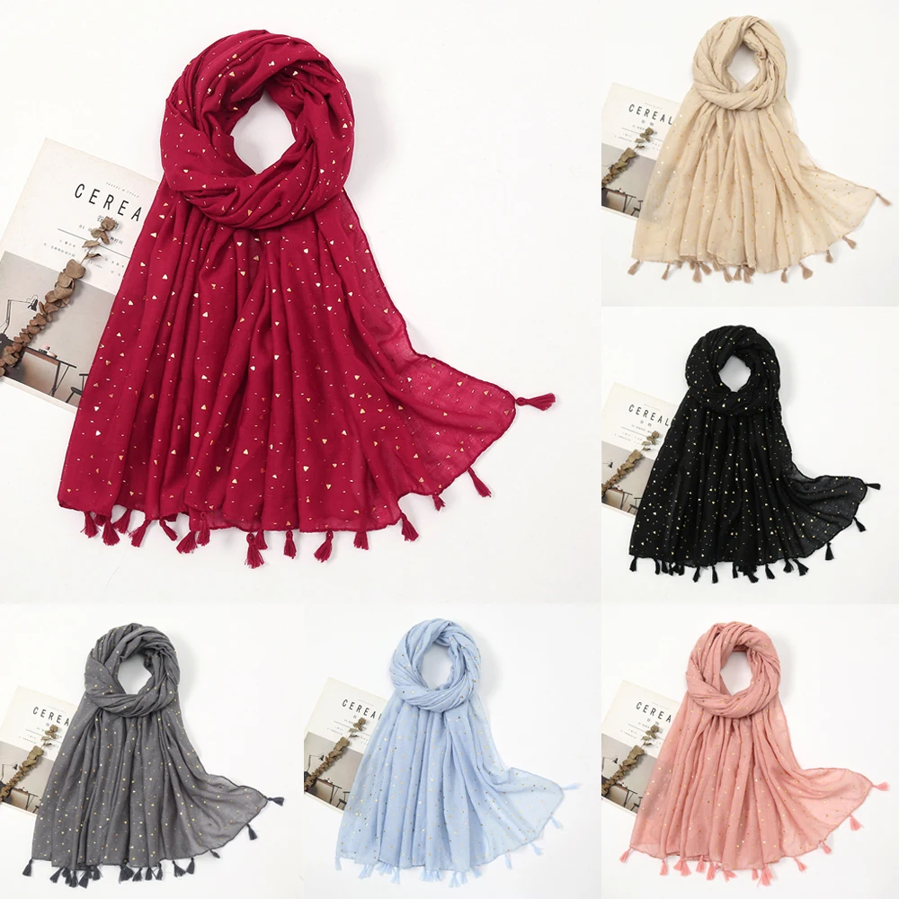 

2022 Autumn Fashion Gold Glitter Cotton Tassel Scarf Bling Soft Hijab Shawls and Wraps Muslim Female Foulards Echarpe Designer