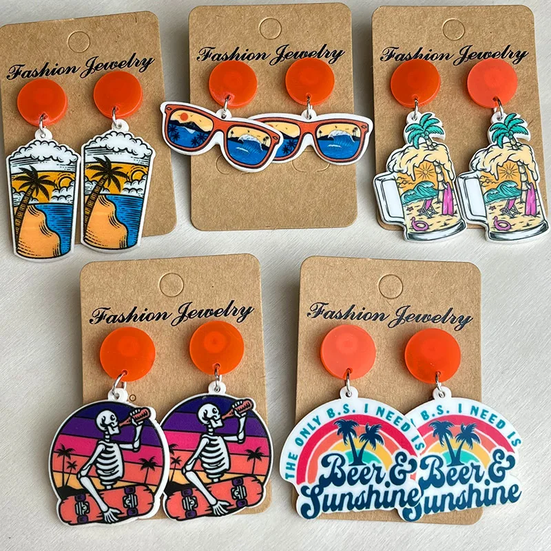 New Beach Vacation Scenery Sunglasses, Beer Beverage, Creative Personality Earrings, Women's Fashion Charm Jewelry Gift