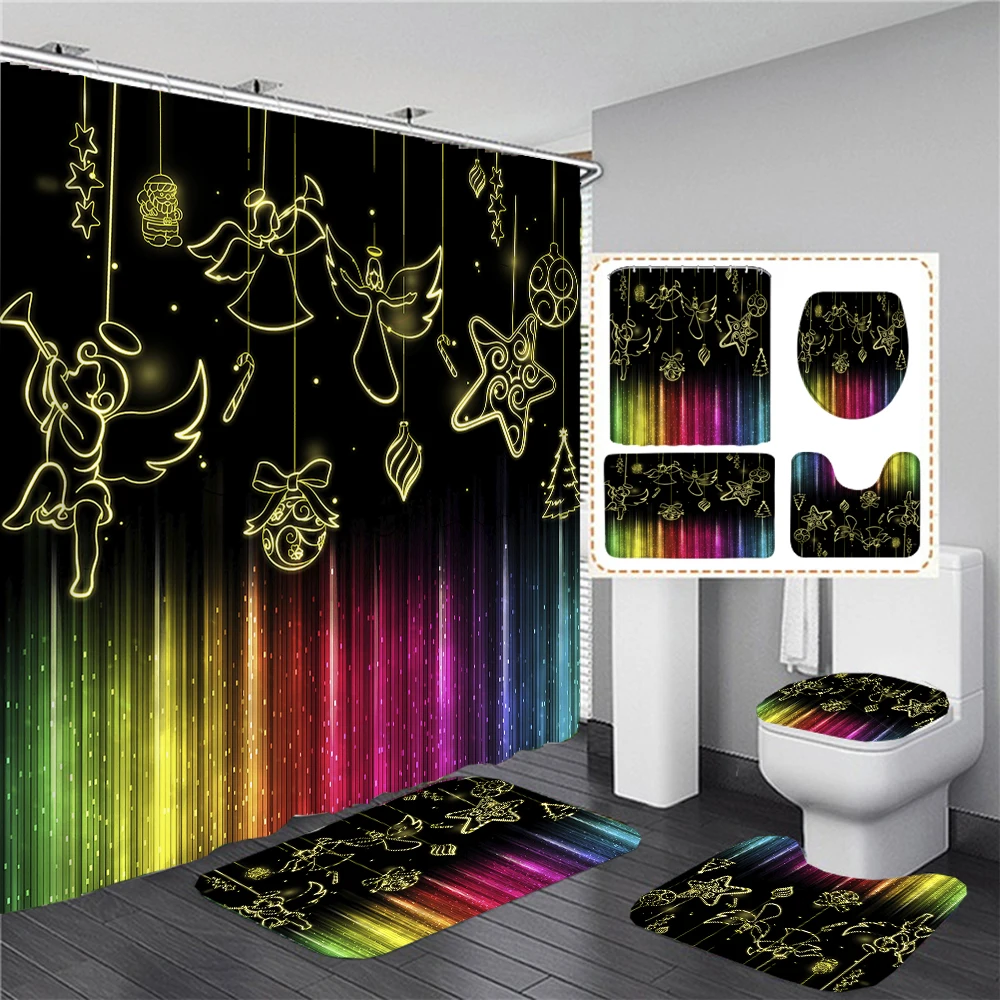 

Christmas Toilet Cover Bath Mats Rugs Shiny Christmas Shower Curtain Bathroom Curtains Waterproof Polyester Fabric with Hooks