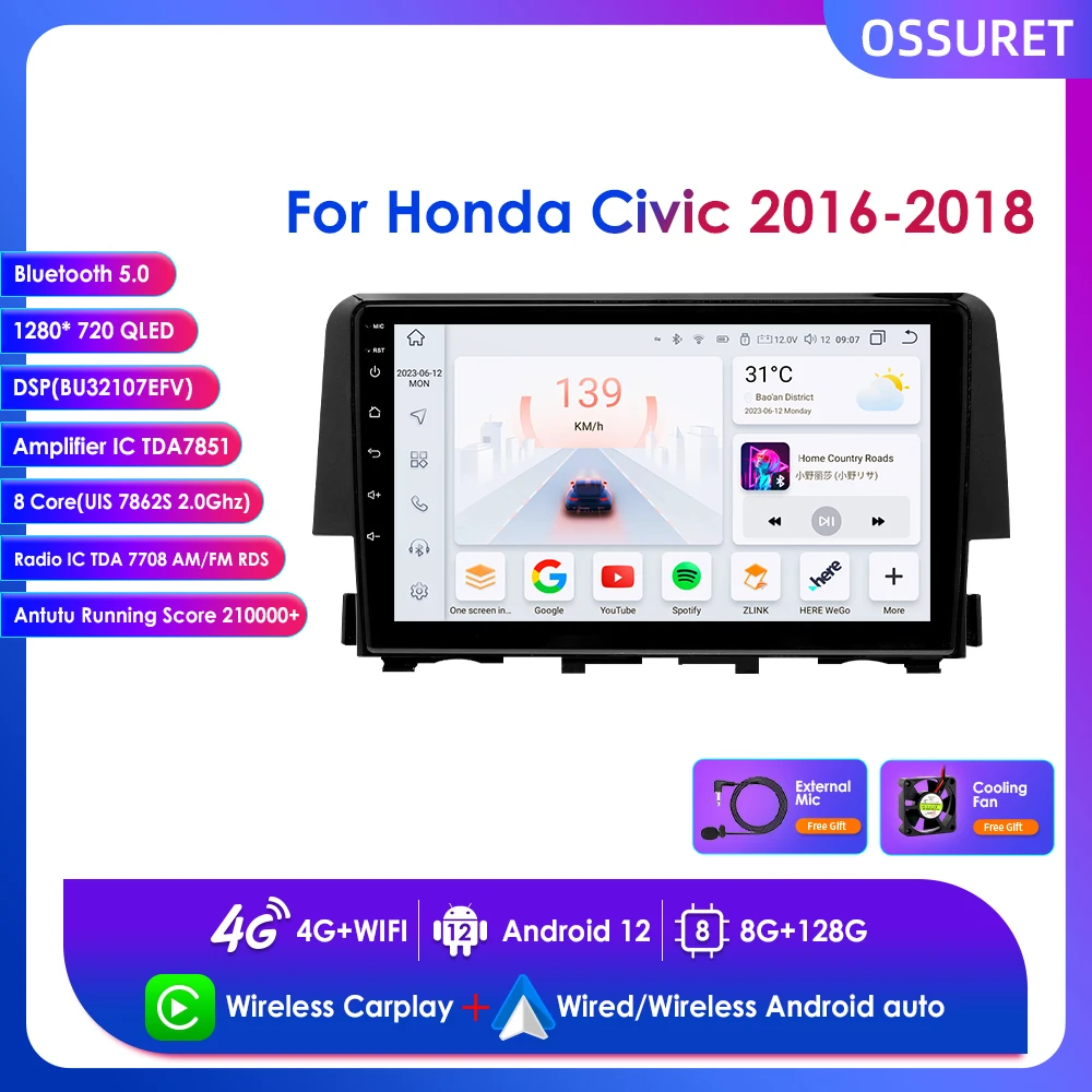 9-дюймовый QLED экран беспроводная стереосистема Carplay GPS-навигация для Honda Civic 10th