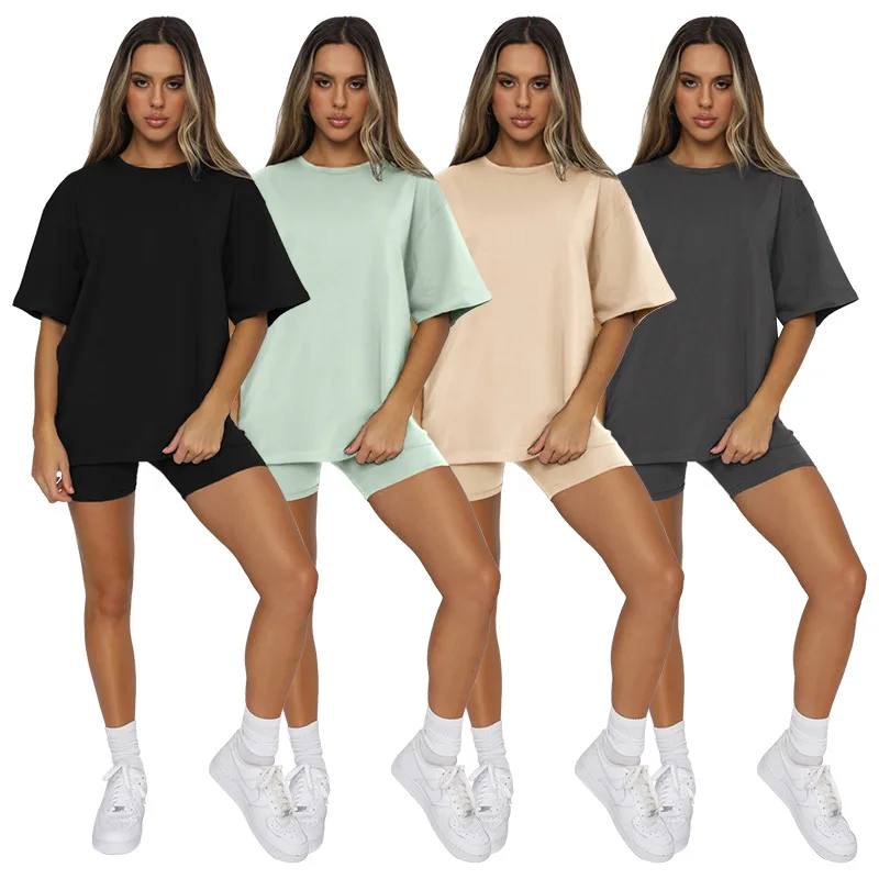 

Bauhinia Woman Plus Size Sports T Shirt Women Casual Suit 2 Piece Wide T Shirt Tight Shorts Summer solid Sports Clothes