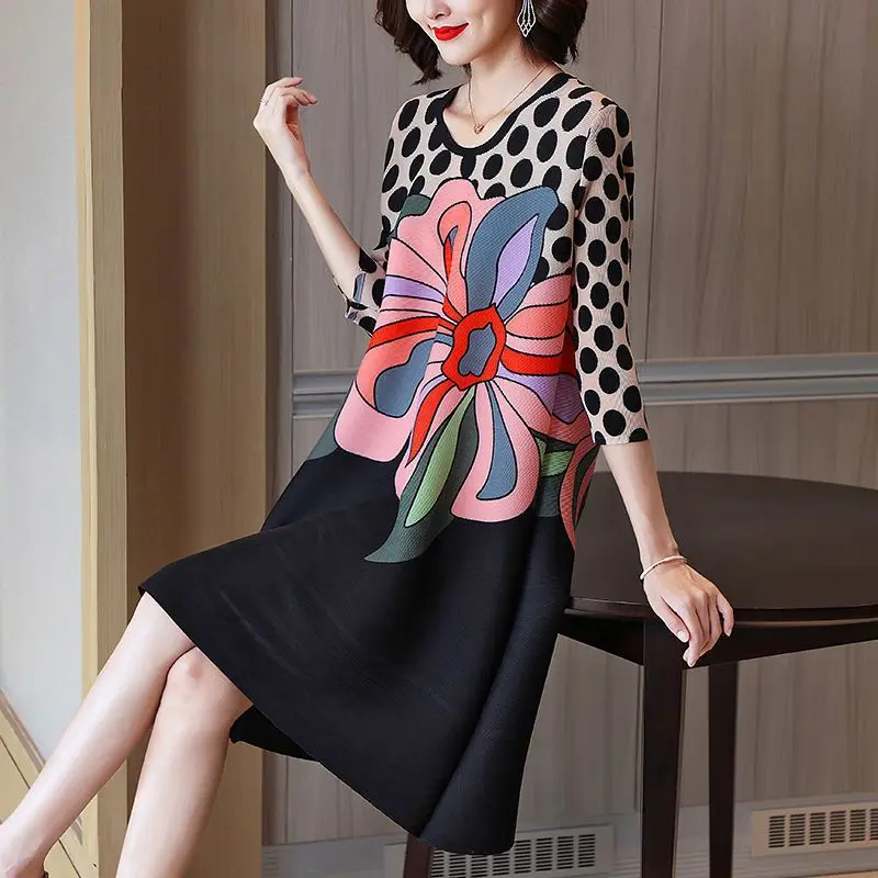 

Mother's Spring Dress With Thick Waist Cover New High-end Fold Printing Age-reducing Loose A-line Women's Clothing Vestidos E30