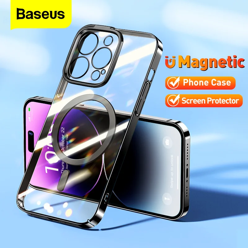 Baseus Magnetic Plating Case For iPhone 14 Pro Max 2022 New Protective Phone Case Transparent Shockproof Magnet Back Cover Funda