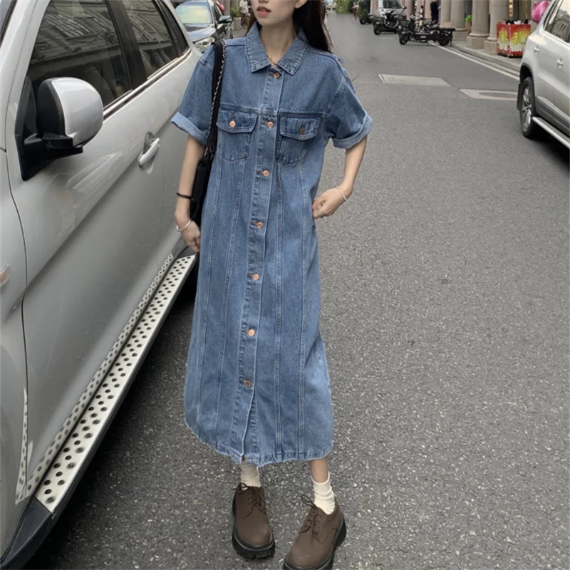 

Однобортное женское джинсовое платье-поло с коротким рукавом, голубое летнее платье в гонконгском стиле, Женская юбка миди для молодых девушек