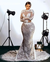 african elegant new white o neck wedding dress for black girls appliques bridal gown mermaid evening gowns with full sleeve
