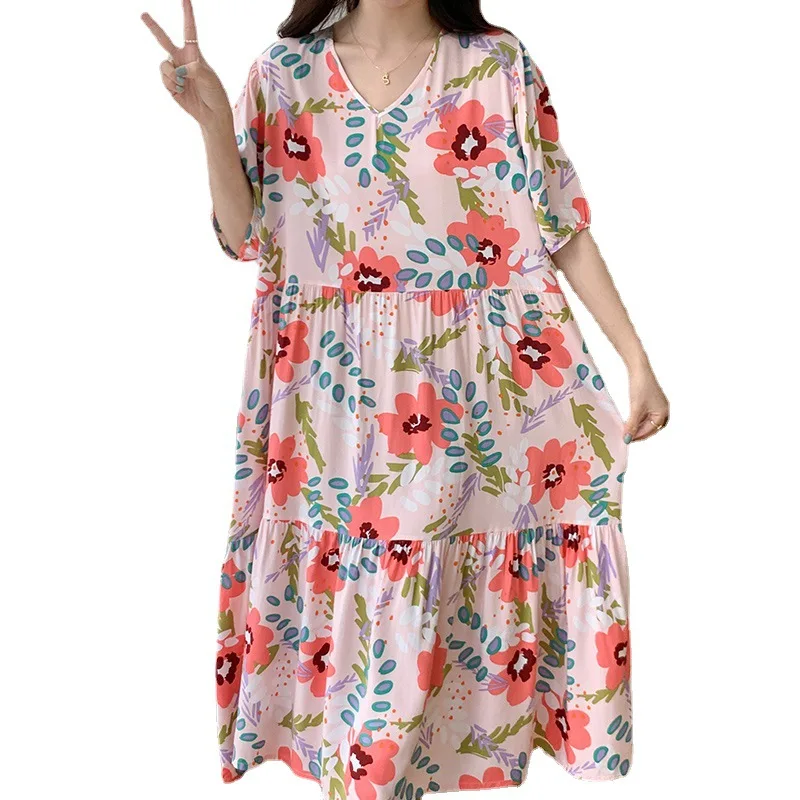 Night Dress Women Nightdress Summer Light Cotton Silk Pajamas Home Clothes Fat MM Loose Can Outside Nightdress Girl 100KG