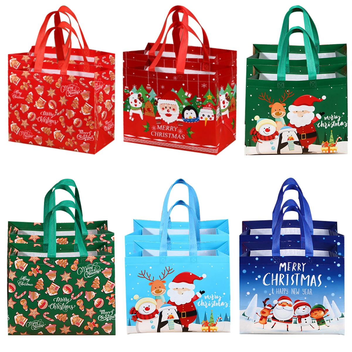 

12 шт. Рождественские Сумки-тоуты с ручкой, складные многоразовые продуктовые сумки, набор нетканых рождественских сумок для покупок, Подаро...