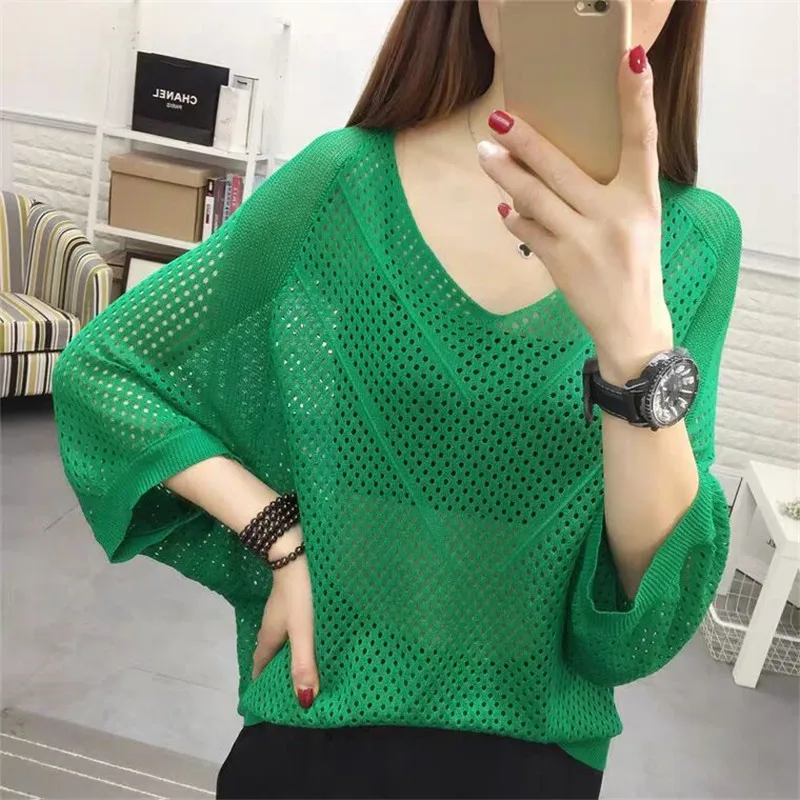 

Sexy Women Knitted Pullover Mesh Hollow Top Female Spring Summer Fashion Bat Sleeve V-Neck Loose Ladies Thin Clothes Tide