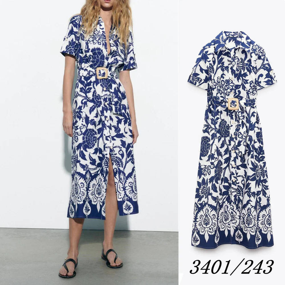 

Новое весеннее платье UNIZERA, женское повседневное подходящее ко всему платье миди с отложным воротником и коротким рукавом, украшенное поясом, 3401243