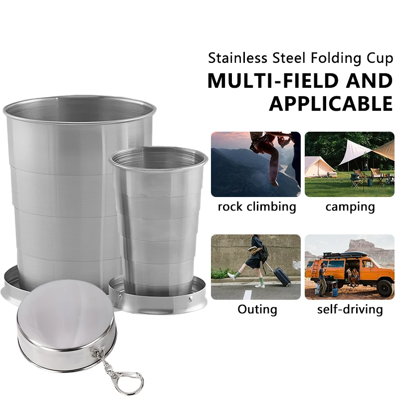 Stainless Steel Folding Cup Portable Retractable Cup Folded Cup Outdoor Travel Camping Telescopic Cup with Keychain Handcup