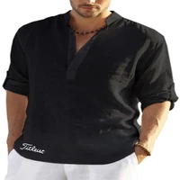 mens golf t shirt loose fit sweatshirt pure color long sleeved cotton linen shirt mens plus size golf shirt