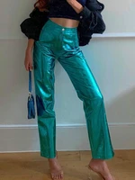 y2k shiny metallic pu leather pants for women 2022 autumn winter green high waist straight leg pants casual high street clubwear