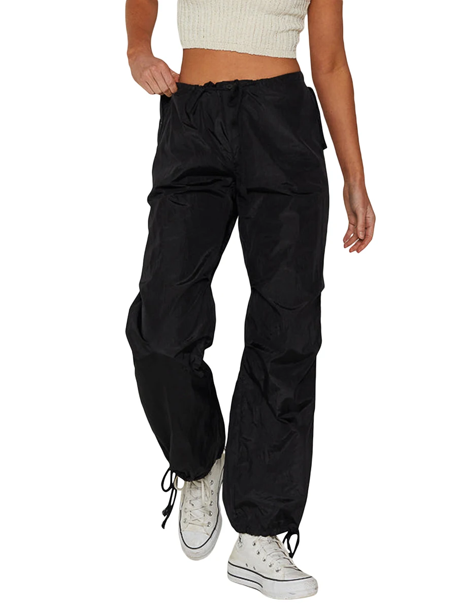 

Women Baggy Cargo Pants Low Waist Drawstring Loose Pocket Jogger Trousers Wide Legs Hippie Punk Pants Streetwear