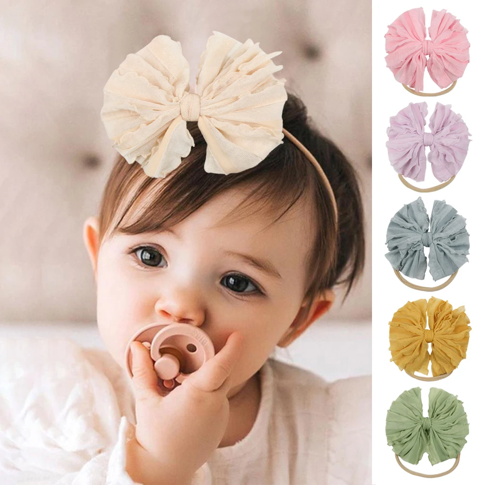 Повязка на голову детская с бантом нейлоновая мягкая кружевная лента для волос