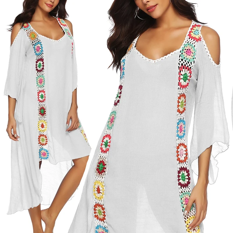 

Женский купальный костюм с открытыми плечами, пляжная одежда, вязаное крючком длинное платье-накидка