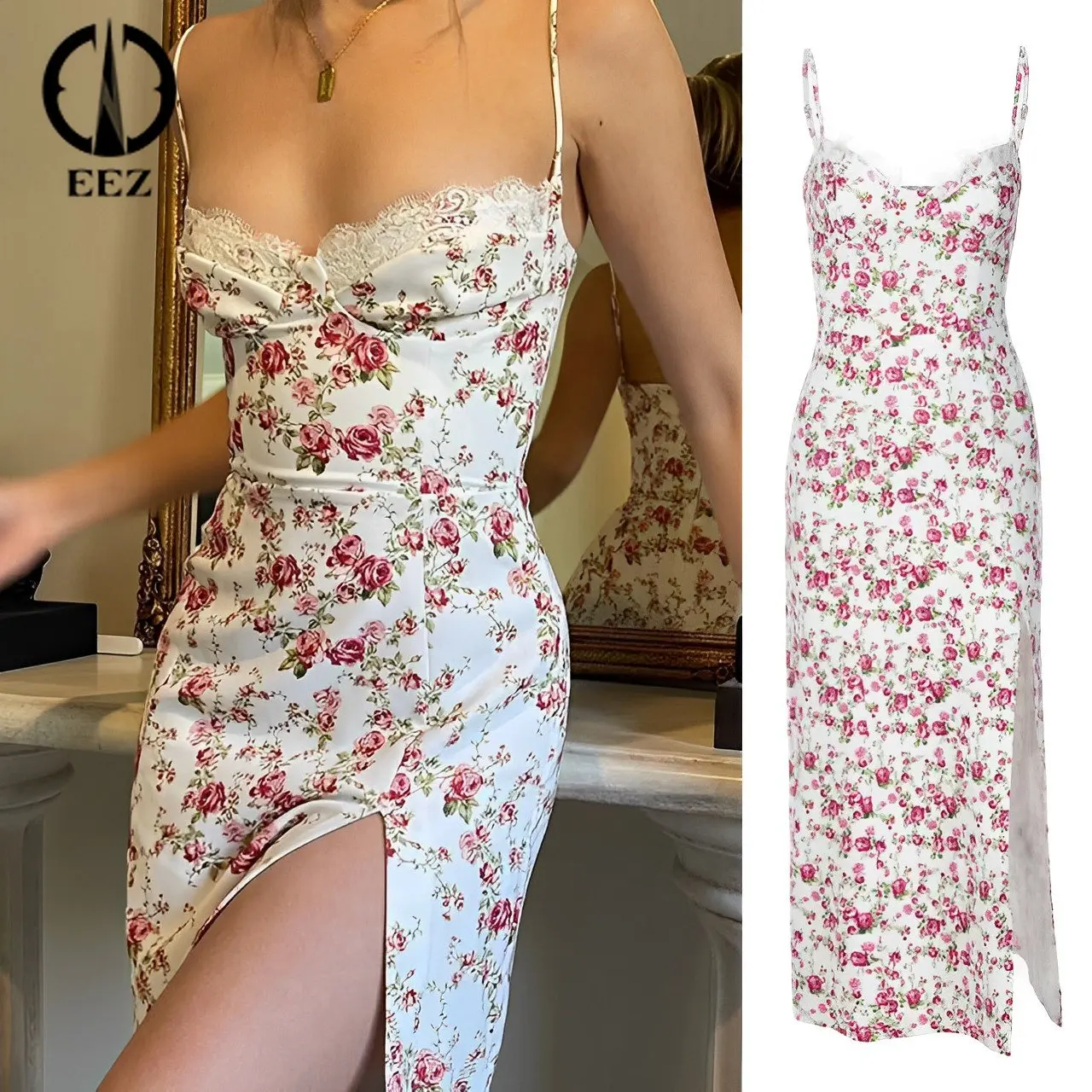 

French Pink Floral Print Lace Maxi Dress for Women Sexy Backless Adjustable Strap Outfit Coquette Streetwear Summer Beachwear