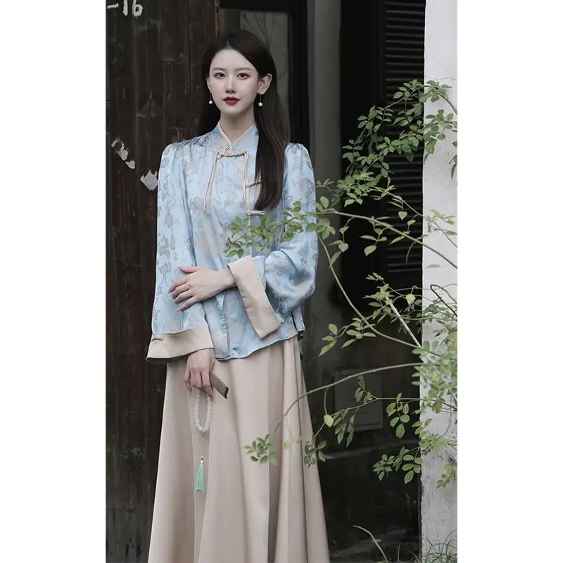 Новое китайское жаккардовое платье Hanfu на пуговицах винтажное с высокой талией