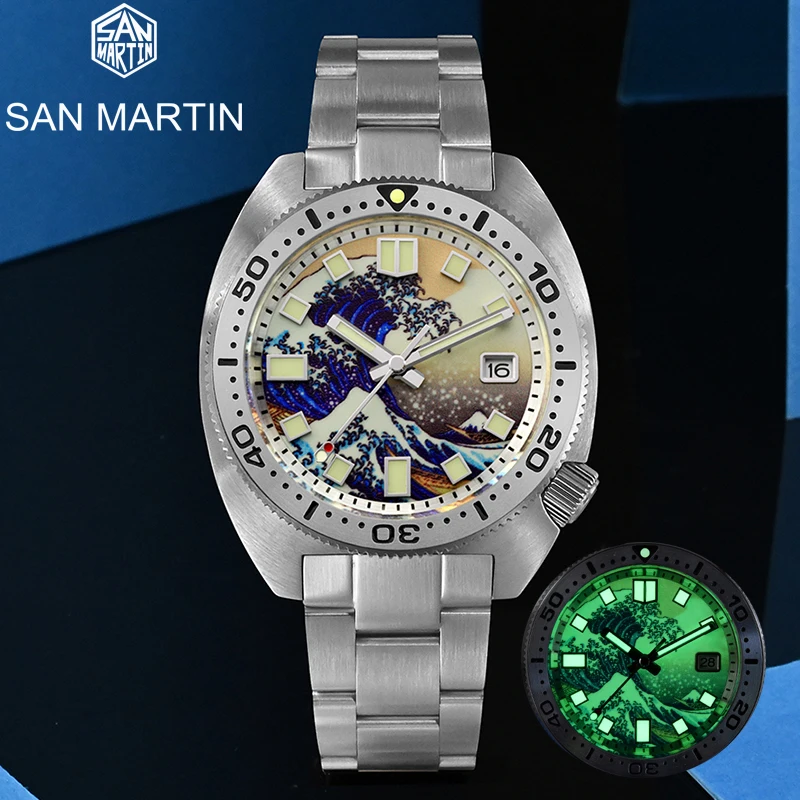 

San Martin Men Diver Watch 6105 Turtle NH35 MOP Wave Kanagawa Surfing Dial Bracelet Automatic Mechanical Luxury Watches 20Bar