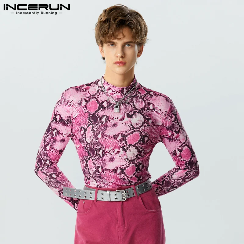 

INCERUN 2023 Men T Shirt Leopard Print Turtleneck Long Sleeve Gloves Undershirt Streetwear Autumn Stylish Casual Camisetas S-3XL