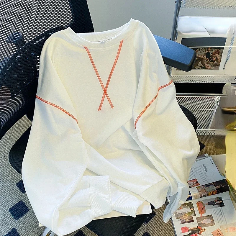 

Новинка, осенние толстовки, женская готическая однотонная Повседневная Толстовка в стиле Харадзюку, одежда, длинный корейский Тонкий свитшот с вырезами, белые топы y2k