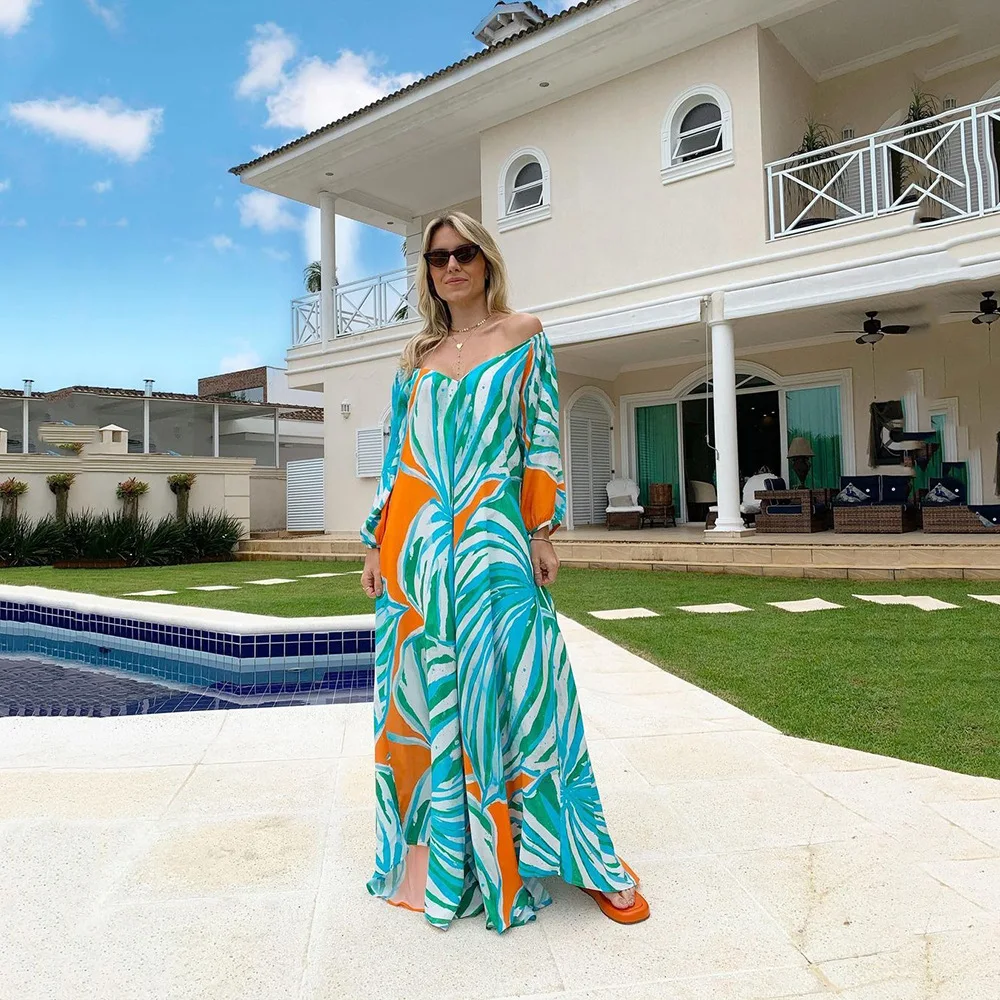 

2022 Women Dress Fashion Chic Floral Printing Patchwork Loose Pullover Shoulder Off Summer Dress Long Sleeve Ladies Dress