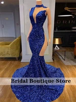 royal blue sexy african prom dresses shinning sequins illusion birthday party dress formal gowns special occasions robe de bal