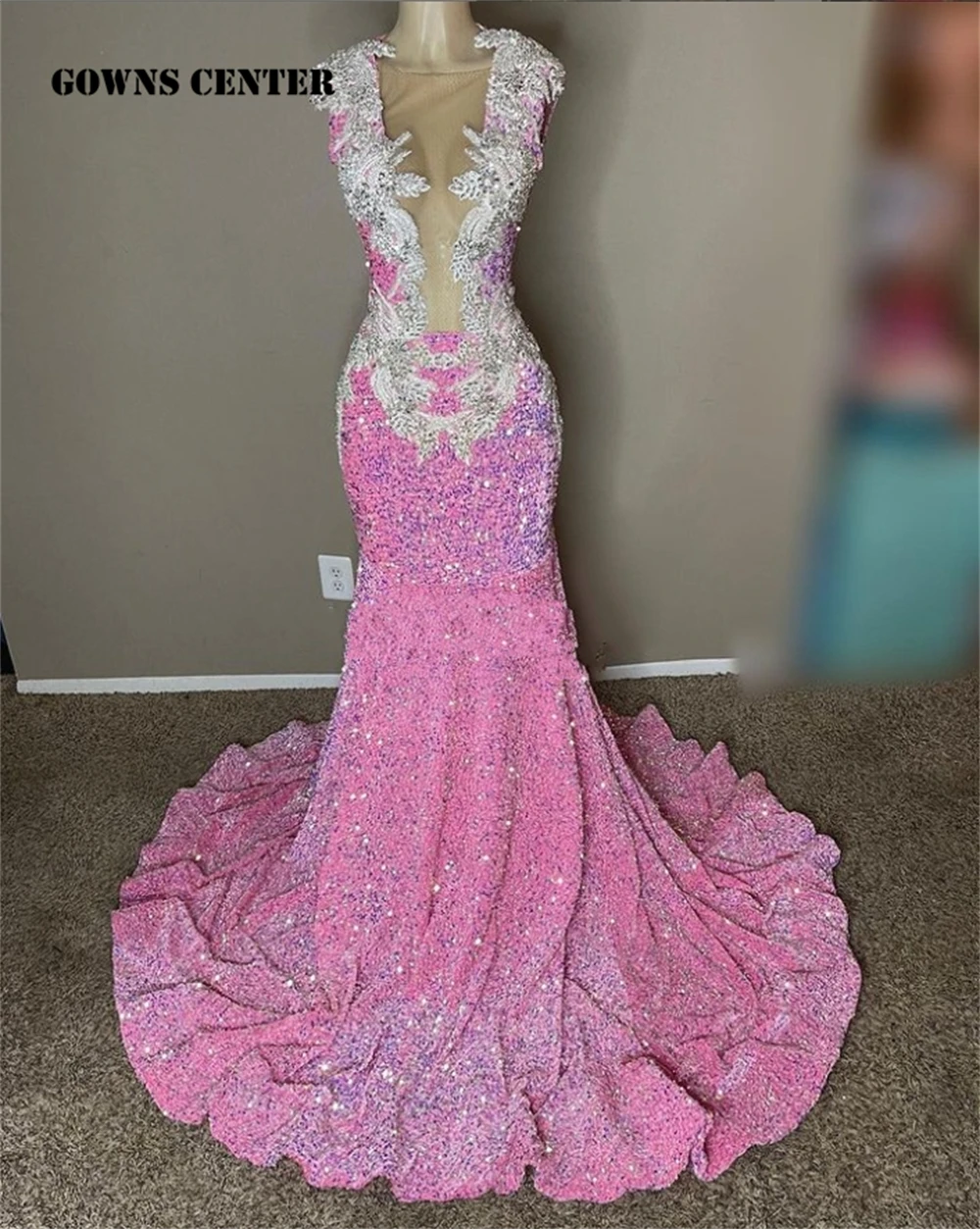 

Elegant Pink Sequin Crystal Beading Prom Dresses Black Girls Luxury Gowns Elegant Dress For Wedding Party Mermaid Cocktail Gown