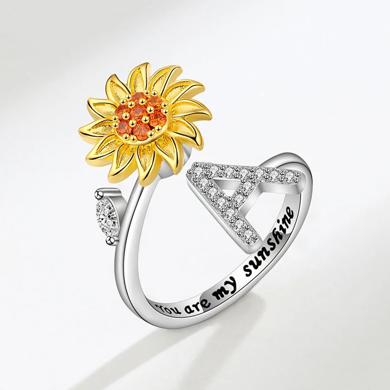KOFSAC Adjustable Size Sunflower Rotatable Ring Women Personality Zircon 26 English Letter Rings 925 Silver Gold Two Color Ring
