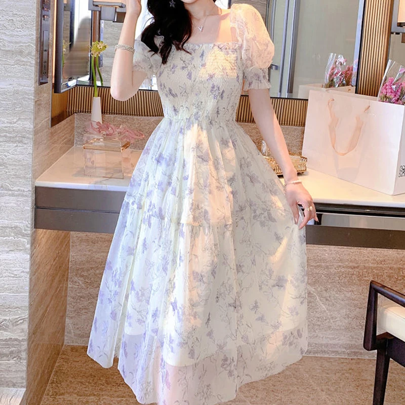 

Casual Floral Dress Summer White Chiffon Long Dress Elegant Short Sleeve Fairy Dresses for Women Clothing