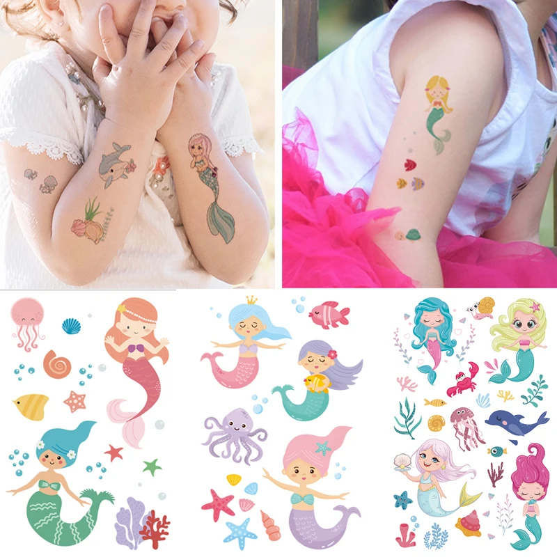 

Наклейки для детей серия «Русалка», водостойкие Мультяшные Временные татуировки, переводные наклейки на лицо и тело для маленькой девочки, ...