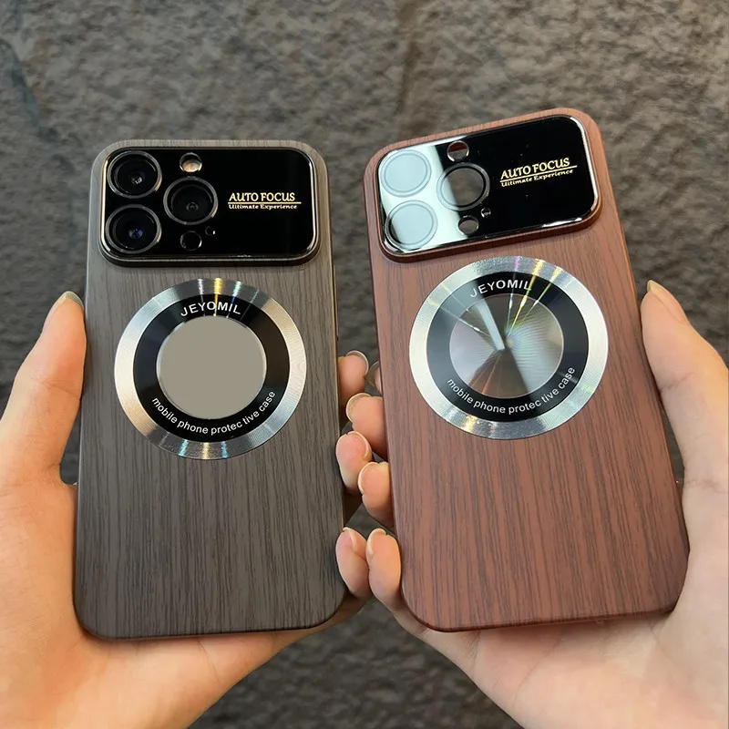 

For iPhone 14 12 13 Pro Max Case Natural Walnut Texture Car Magnet Lens Film Protect Camera Shockproof Magsafe Wooden Hard Cover