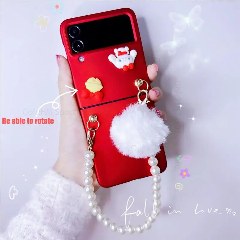 

Capa For Samsung Z Flip 4 5G 3D Cartoon Christmas Matte Phone Case For Galaxy Z Flip4 3 5G Pearl Bracelet Chain Wriststrap Cover