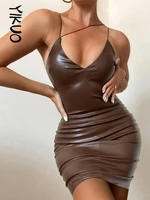 yikuo pu faux leather women strap mini dress bodycon sexy streetwear party club festival 2022 spring summer clothes