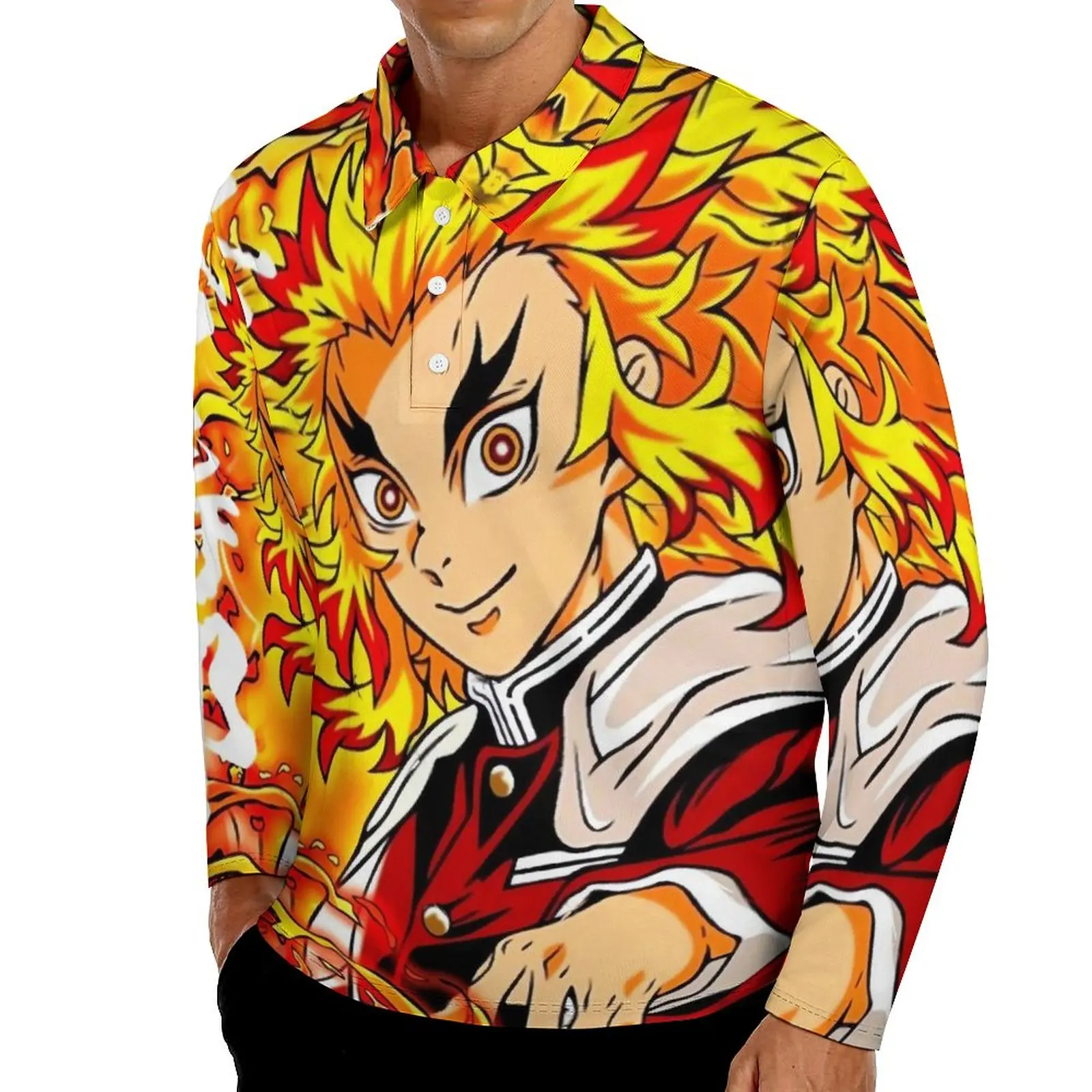 

Demon Slayer Anime Casual T-Shirts Rengoku Kyojuro Polo Shirt Men Trendy Shirt Autumn Long Sleeve Custom Tops Big Size