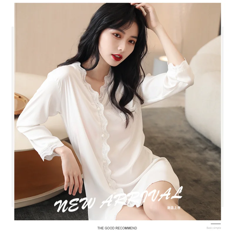 summer sexy silk Women's pajamas cardigan lace Nightdress solid color long sleeve Ice silk at home thin home clothes Sleepwear