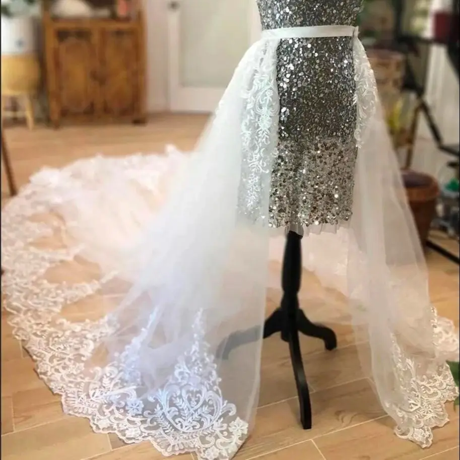 E JUE SHUNG Luxury Lace Appliques Wedding Detachable Skirt Removable Train for Dresses Bridal Overskirt