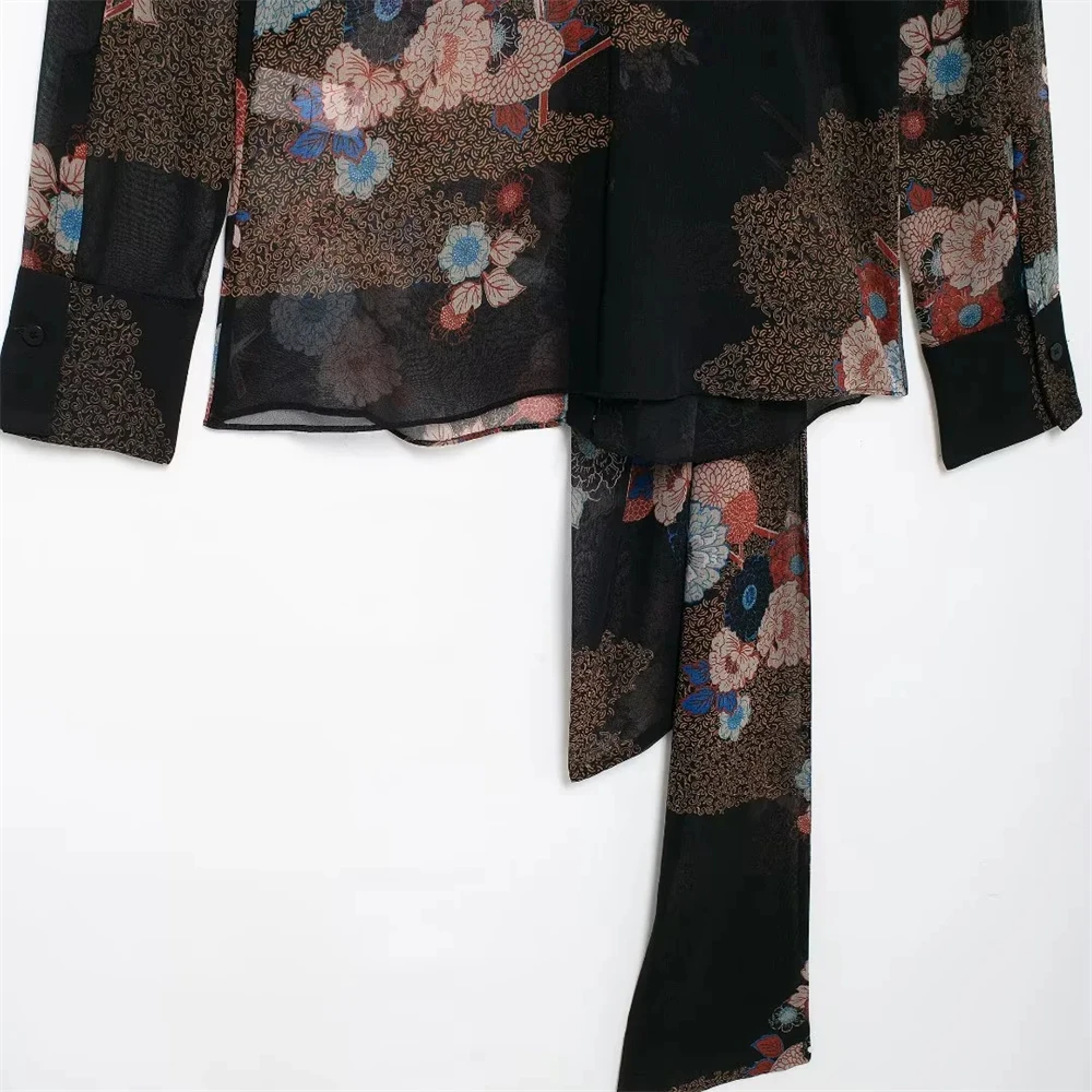 Женская свободная рубашка Taop &amp Za с цветочным принтом круглым вырезом и длинными