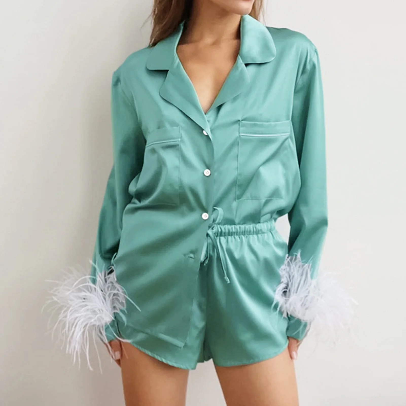 

Women's Pajamas Sets Long Sleeve Satin Sleepwear Set with Shorts Feather Trim Nightwear Loungewear PJs Home Wear Clothes