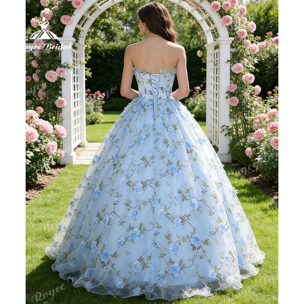Фото Роскошное вечернее платье Roycebridal Garden Fairy для выпускного вечера, без бретелек, светло-голубое, в стиле бохо, сине-зеленое, с цветочным узором, на заказ №4