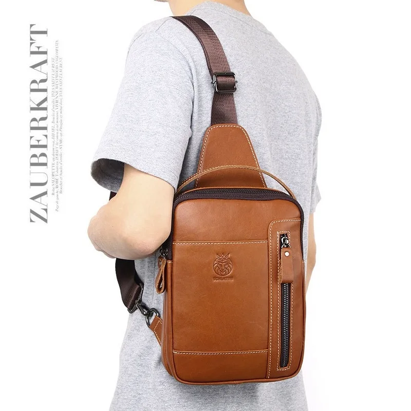 

Head Layer Genuine Cowhide Leather Crossbody Bag Single Shoulder Man Chest Pack Short Trip Bosom For Ipad Mini 7.9,8.4 Inch 8502